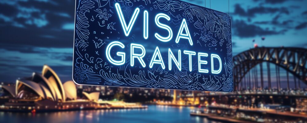 A 'visa granted' sign with a cityscape background symbolizes successful immigration and policy approval.